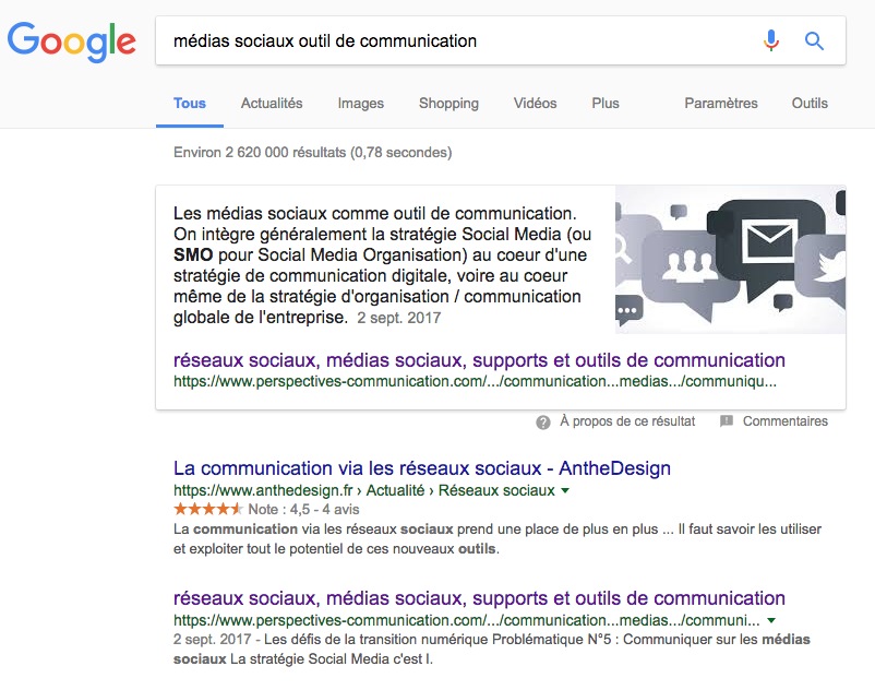 Google Featured Snippet - Requête : médias sociaux outil de communication