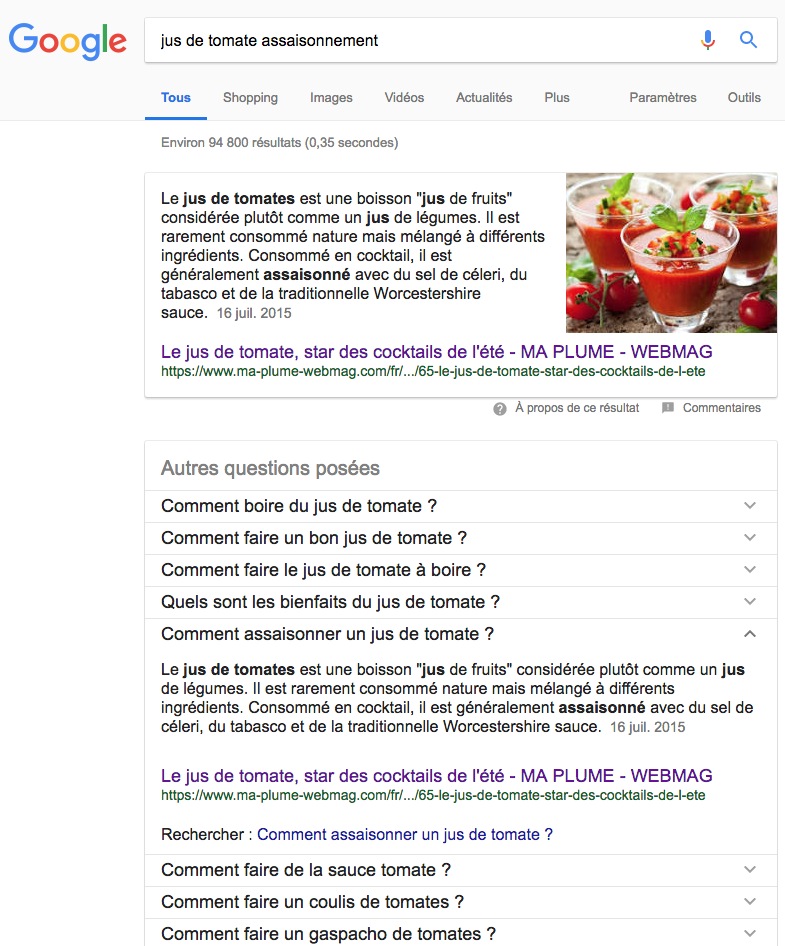Google Featured Snippet - Requête :  jus de tomate assaisonnement 