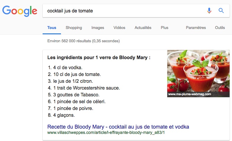 Google Featured Snippet - Requête :  cocktail jus de tomate
