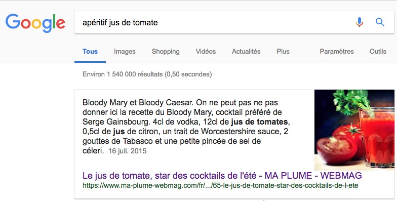 Google Featured Snippet  - Requête :  apéritif jus de tomate
